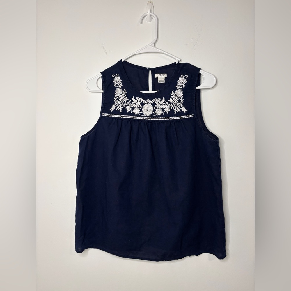 J.CREW Top Blouse  Womens Sz 8 Blue Embroidery Linen Boho Chic Resortwear Preppy